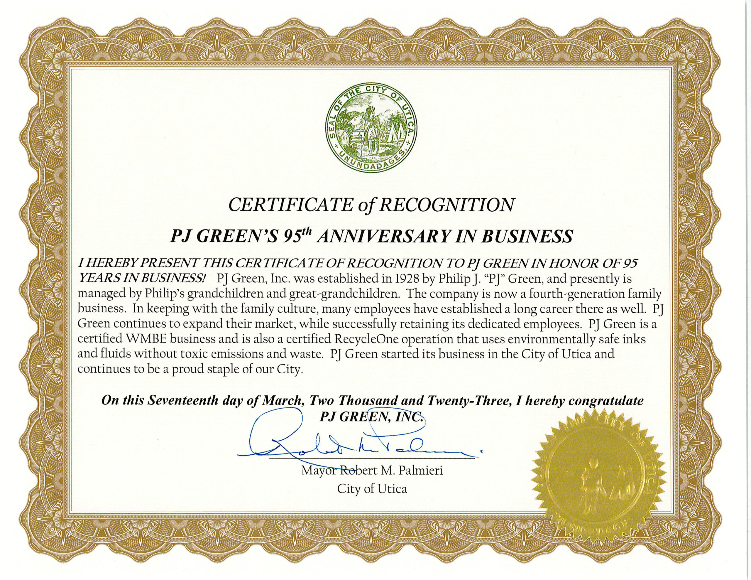 Certificate of Recognition from City of Utica Mayor Robert Palmieri